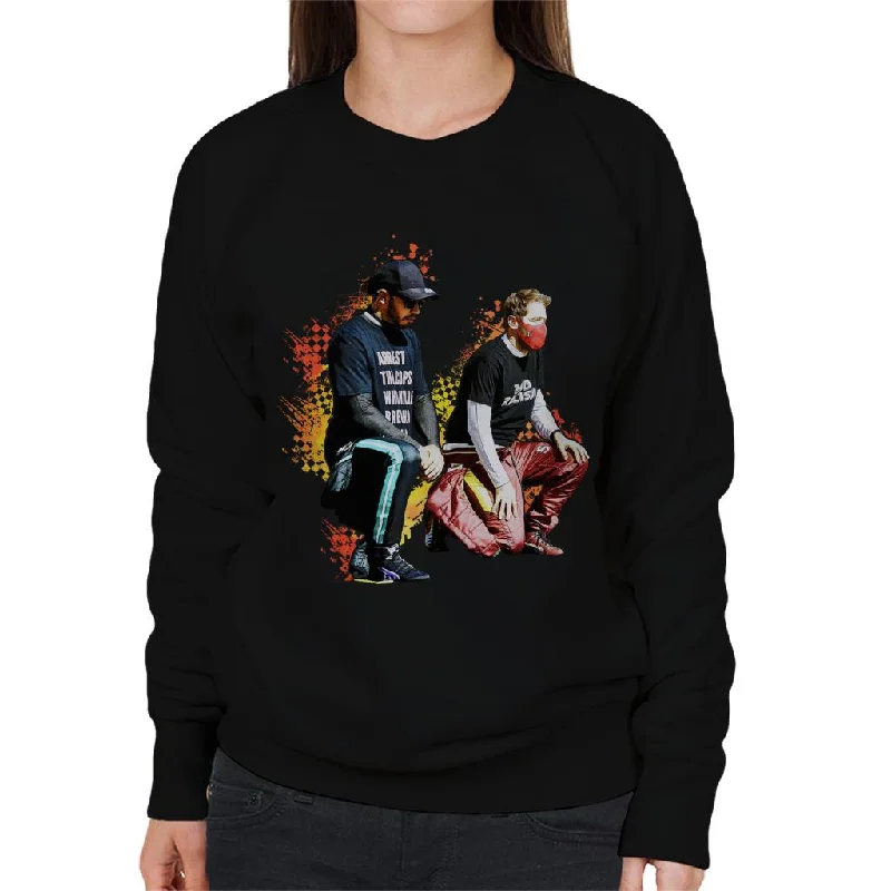 Motorsport Images Lewis Hamilton And Sebastian Vettel Kneeling Women's Sweatshirt Hoodie with Hidden Zipper Minimalist Clean