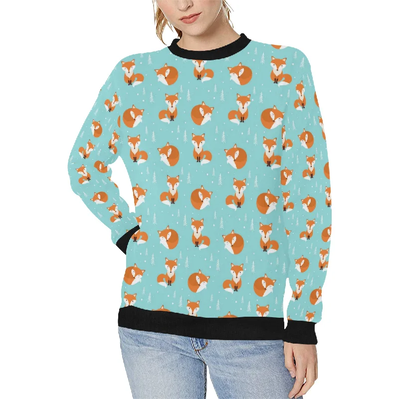 Fox pattern blue b ackground Women's Crew Neck Sweatshirt Hoodie with Oversized Fit Loose Comfortable