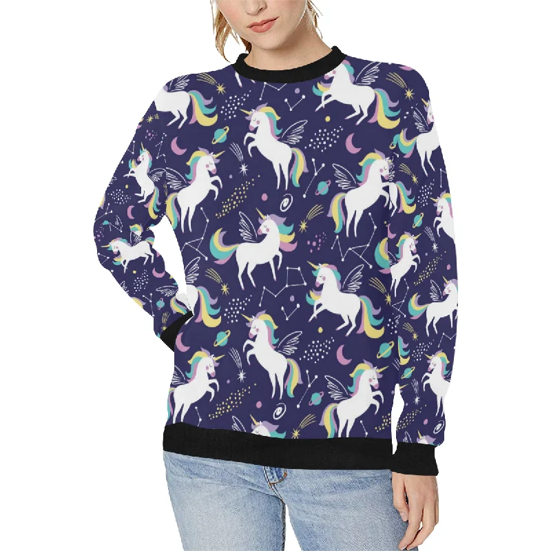 Hand drawn cute unicorn star planet Women's Crew Neck Sweatshirt Hoodie with Stripes Bold Sporty