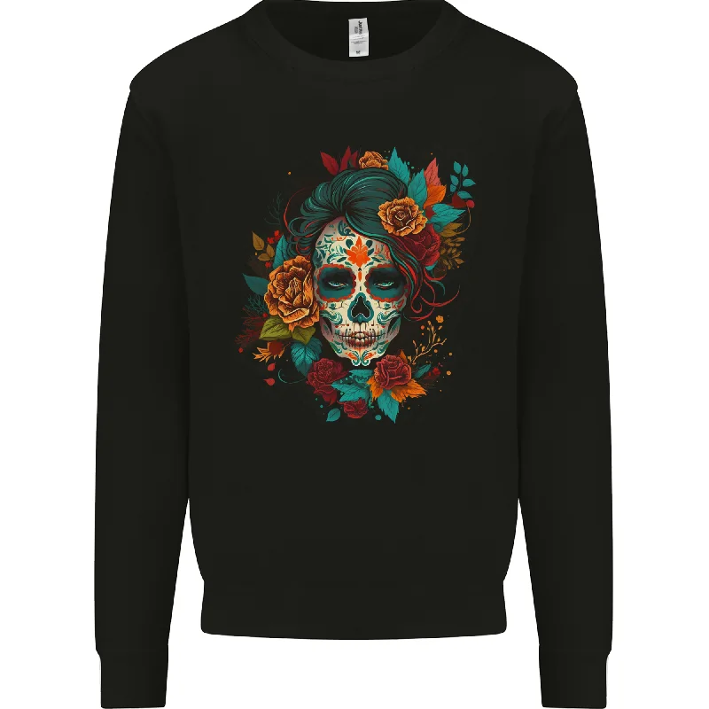 A Sugar Skull With Flowers Day of the Dead Mens Sweatshirt Jumper Hoodie with Hem Drawcord Adjustable Customizable