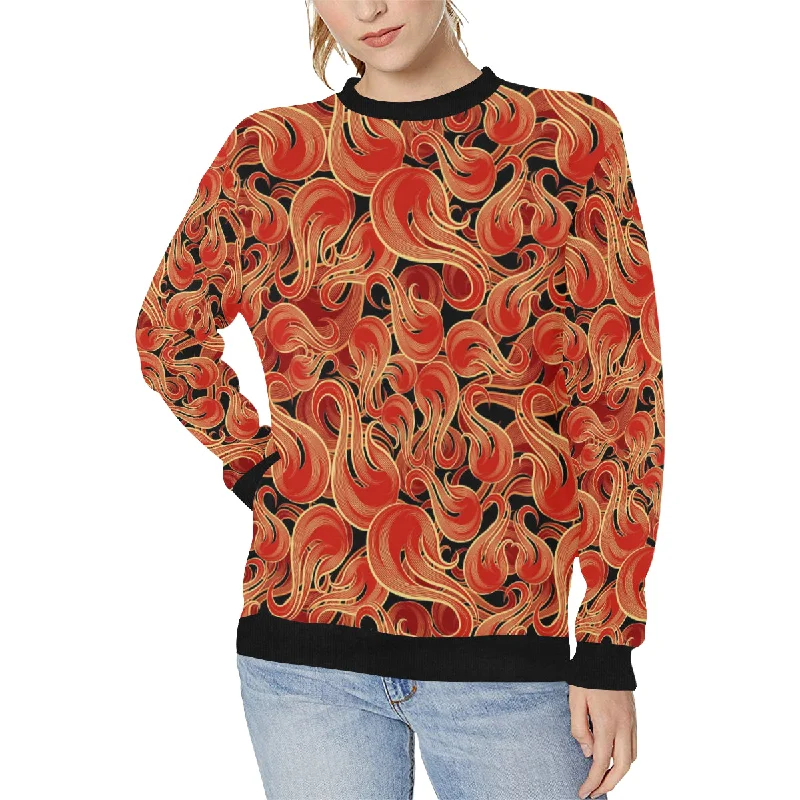 Fire flame pattern Women's Crew Neck Sweatshirt Hoodie with Contrast Stitching Detailed Premium