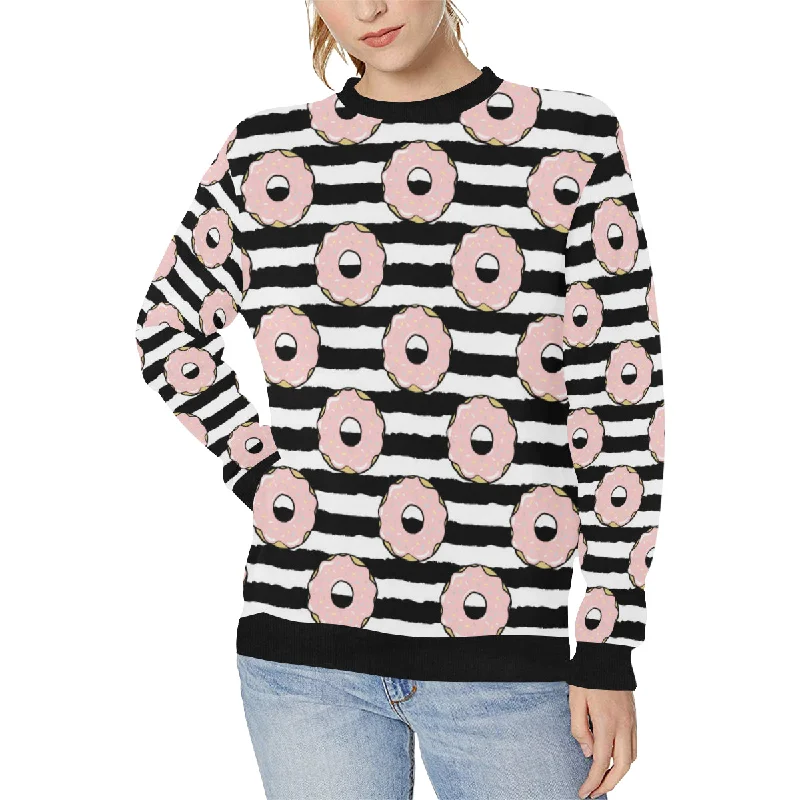 Donuts pink icing striped pattern Women's Crew Neck Sweatshirt Hoodie with Cuffed Sleeves Snug Secure