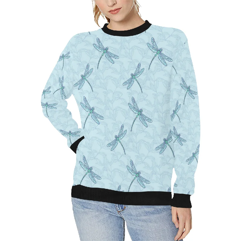 Dragonfly pattern blue background Women's Crew Neck Sweatshirt Hoodie with Strings Custom Fit Adjustable