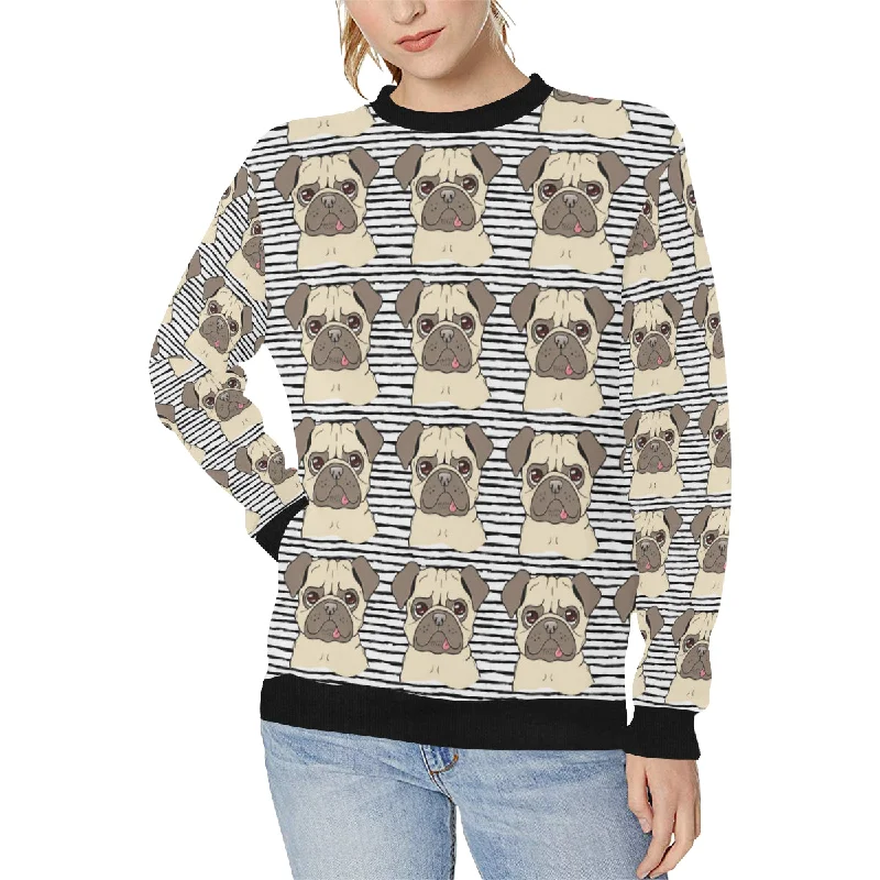 Happy pug pattern Women's Crew Neck Sweatshirt Hoodie with Tied Waist Feminine Flattering