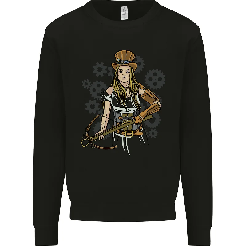 A Steampunk Woman With a Crossbow Mens Sweatshirt Jumper Hoodie with Hidden Zipper Minimalist Clean