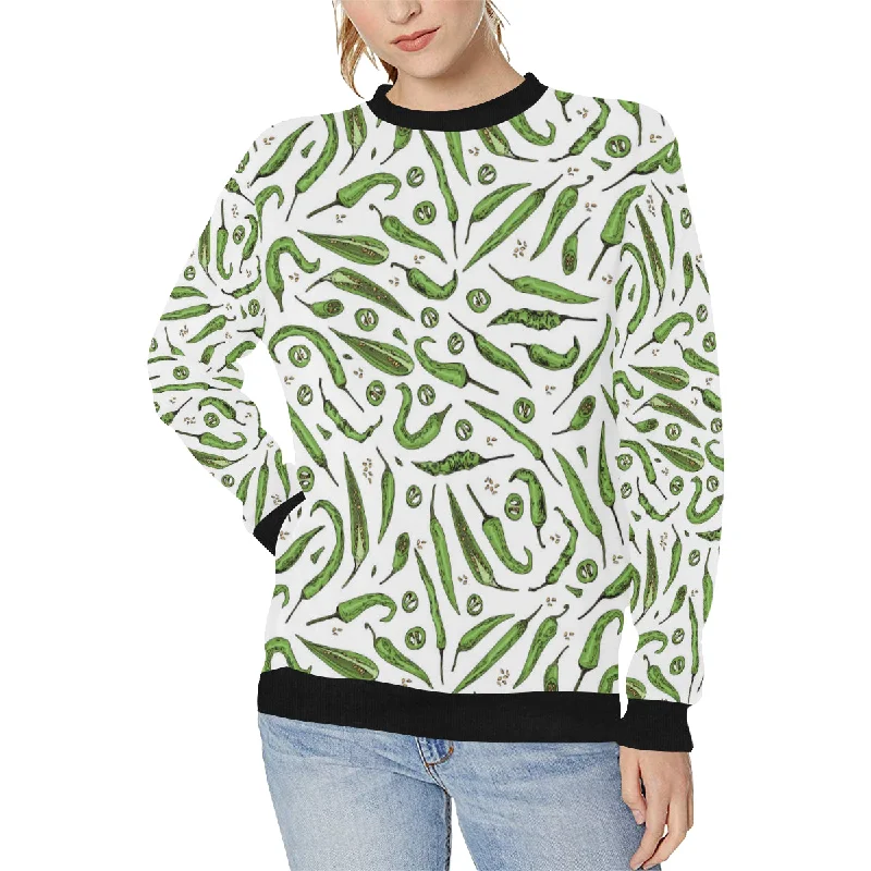 Hand drawn sketch style green Chili peppers patter Women's Crew Neck Sweatshirt Hoodie with Button Placket Classic Preppy