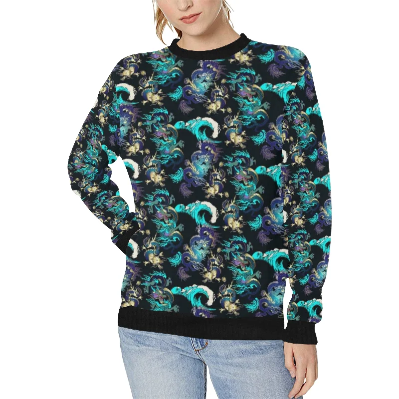 Dragon sea wave pattern Women's Crew Neck Sweatshirt Hoodie with Tie-Dye Psychedelic Retro