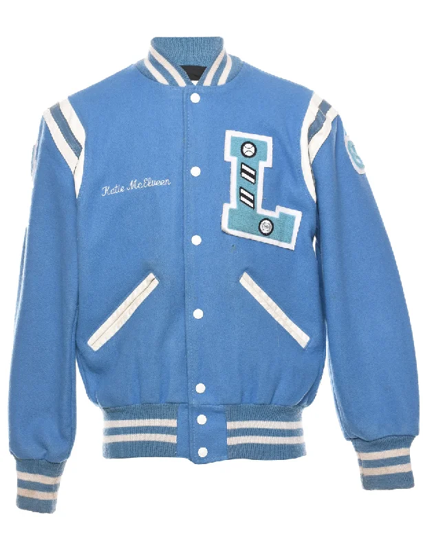 Light Blue Letterman Team Jacket - S Notch Collar Jacket Peter Pan Collar Jacket Cowl Neck Jacket