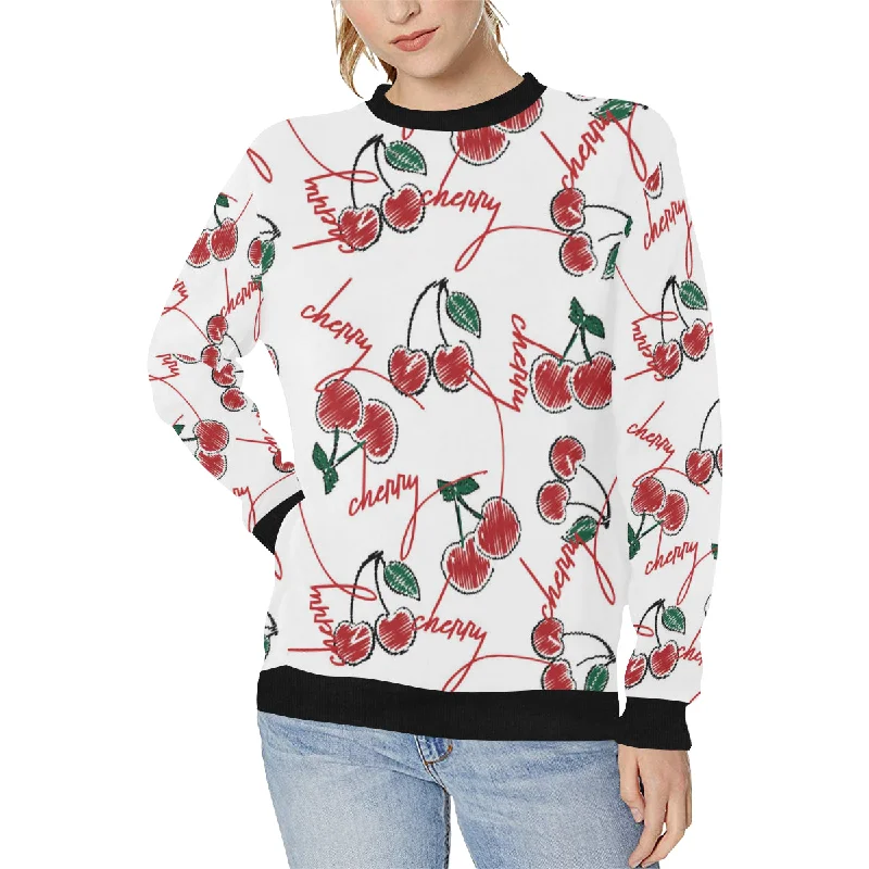 Hand drawn cherry pattern Women's Crew Neck Sweatshirt Hoodie with Monochrome Minimalist Simple