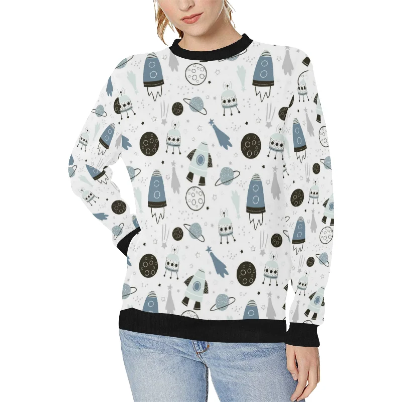 Hand drawn space elements space rocket star planet Women's Crew Neck Sweatshirt Hoodie with Hem Applique Textured Unique