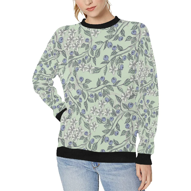 hand drawn blueberry pattern Women's Crew Neck Sweatshirt Hoodie with Exposed Zipper Edgy Industrial