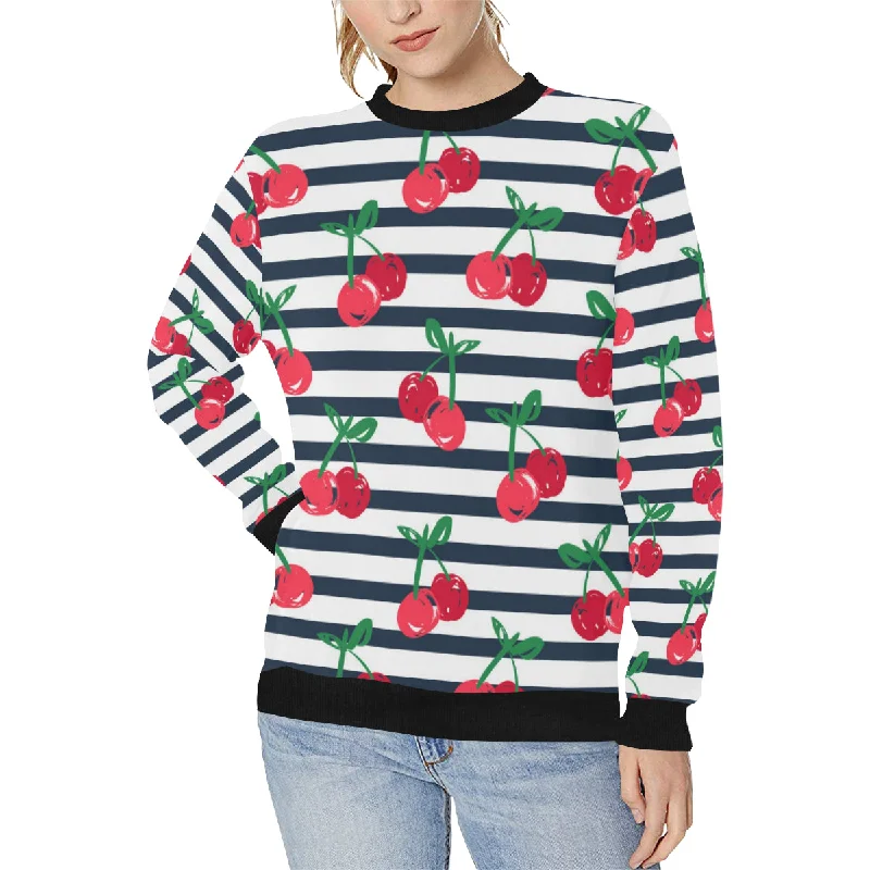 Hand drawn cherry pattern striped background Women's Crew Neck Sweatshirt Hoodie with Frayed Bohemian Relaxed