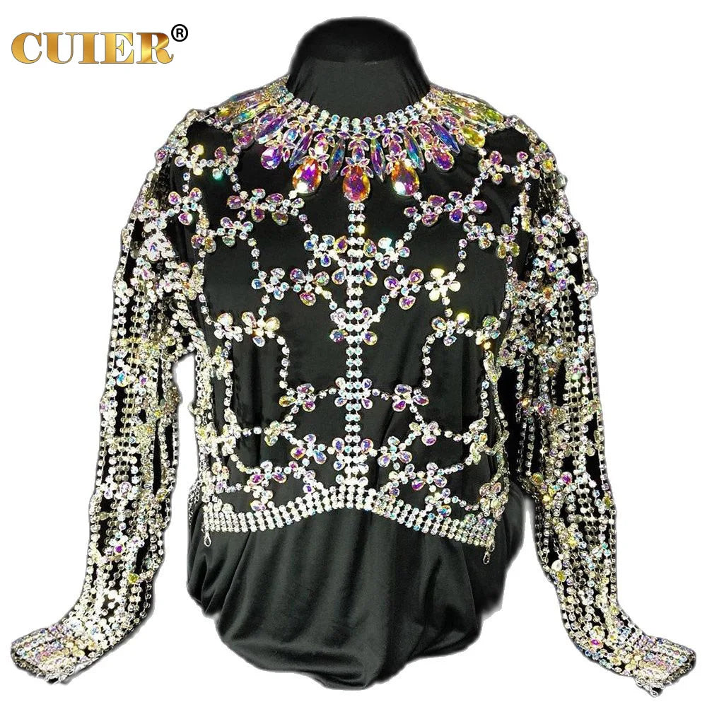 CUIER Luxury Full Crystal AB Glass Stone Jacket for Fashion Accessories 2.2KG Gorgeous Women Tops Rhinestone Sexy body Chain Jersey Jacket Tulle Jacket Batik Jacket