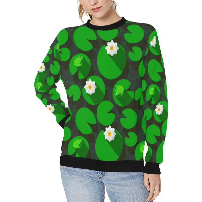 Frog waterlily pattern Women's Crew Neck Sweatshirt Hoodie with Hem Applique Textured Unique