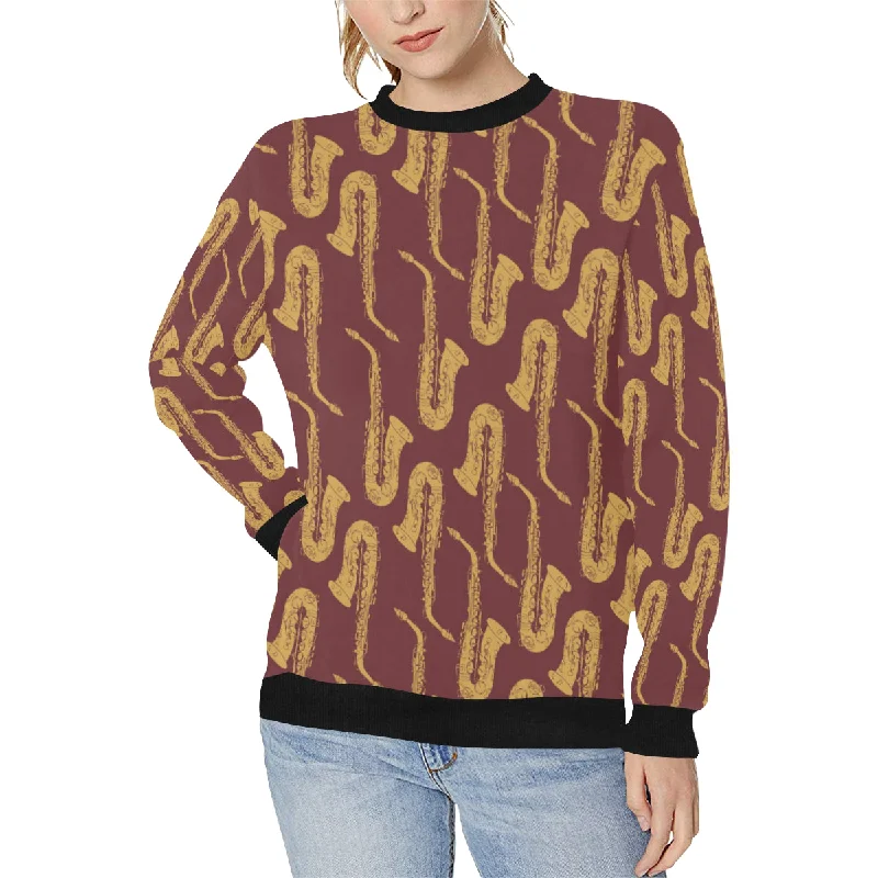 Hand drawn gold saxophone red background Women's Crew Neck Sweatshirt Hoodie with Fur Luxurious Winter