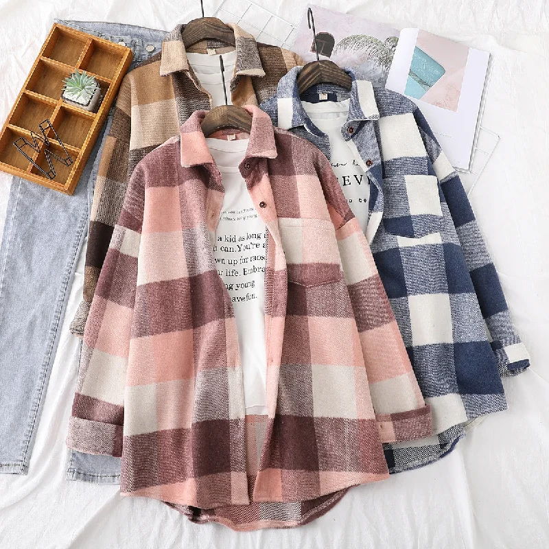 2022 Fall Winter Thick Woolen Long Sleeved Shirt Women Loose Casual Loose Single Breasted Top Plaid Brushed Jacket Shirt T18612Y Denim Fabric Leather Fabric Suede Fabric