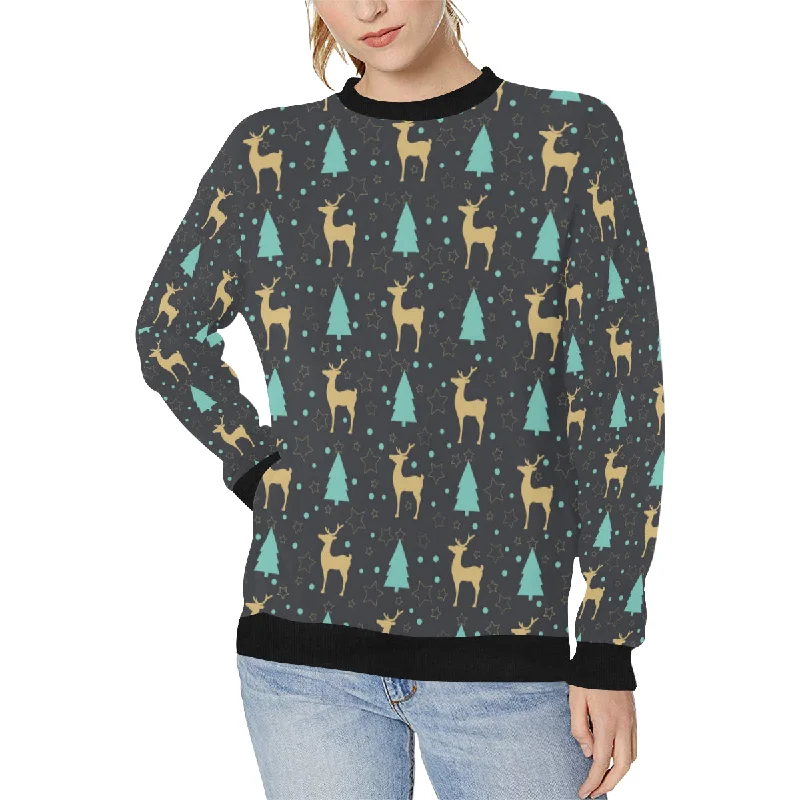 Deers star tree pattern Women's Crew Neck Sweatshirt Hoodie with Toggle Buttons Decorative Unique