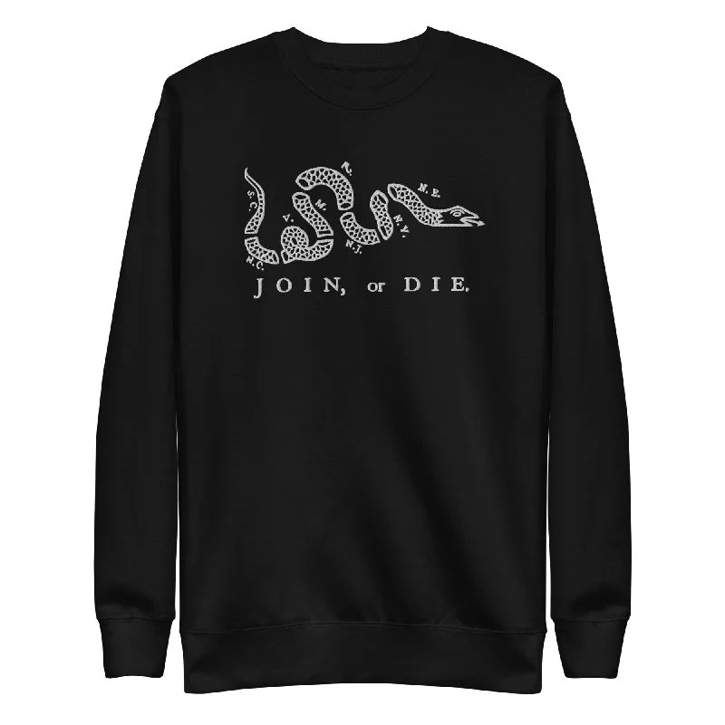 Join or Die Embroidered Crewneck Sweatshirt Hoodie with Hem Detail Decorative Unique