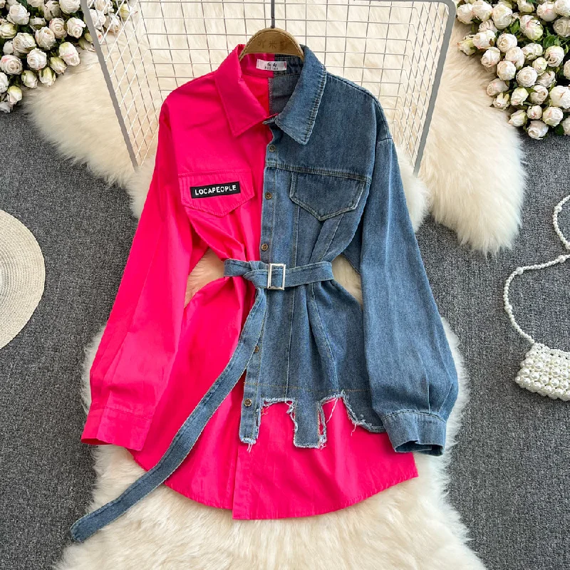 In Stock 2023 Hot Sale Splicing Lapel Dress New Design Patchwork Jacket Women Long Jeans Denim Top Shirt Ladies' Blouses Shirt Satin Fabric Silk Fabric Chiffon Fabric