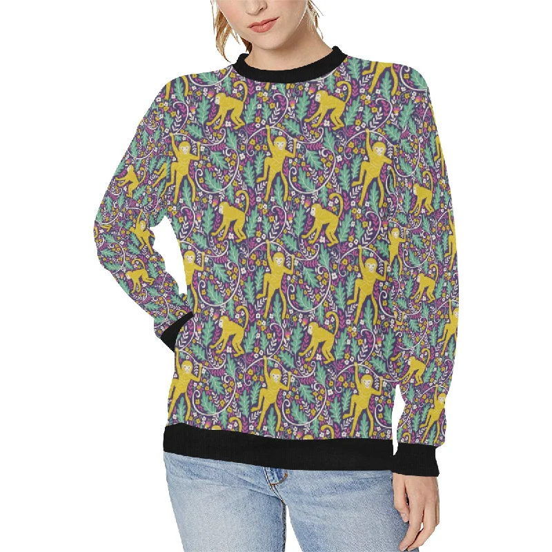 Cute yellow monkey leaves pattern Women's Crew Neck Sweatshirt Hoodie with Hem Detail Decorative Unique