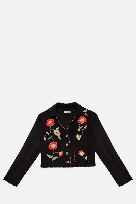 Sunday Jacket Poppy Embroidery Black Snapped Jacket Toggled Jacket Drawstring Jacket