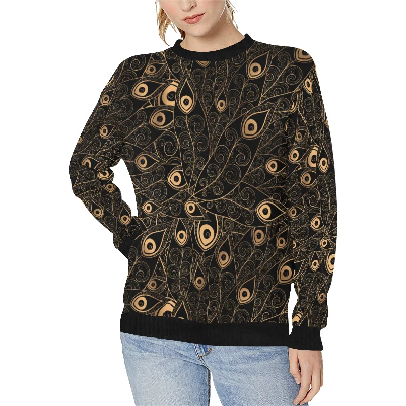 Gold peacock feather pattern Women's Crew Neck Sweatshirt Hoodie with Tie-Dye Psychedelic Retro