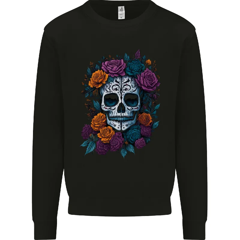 A Sugar Skull With Roses Day of the Dead DOTD Mens Sweatshirt Jumper Hoodie with Hem Embroidery Detailed Premium