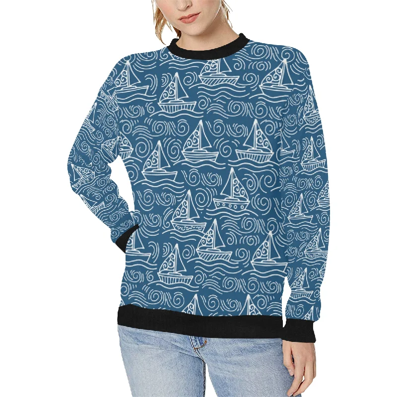 Hand drawn sailboat pattern Women's Crew Neck Sweatshirt Hooded Sweatshirt Casual Wear Street Style