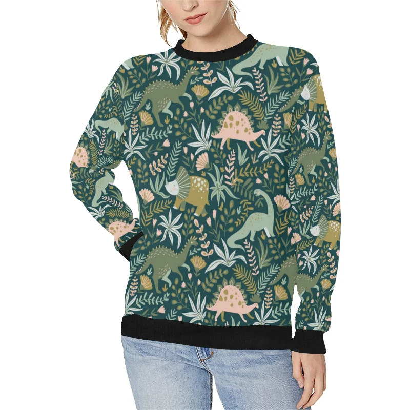 dinosaurs tropical leaves flower pattern Women's Crew Neck Sweatshirt Hoodie with Mock Neck Collared Structured