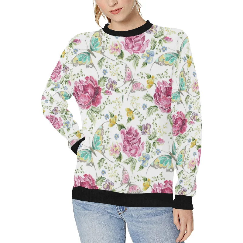 Hand drawn butterfly rose Women's Crew Neck Sweatshirt Hoodie with Raglan Sleeves Sporty Comfortable