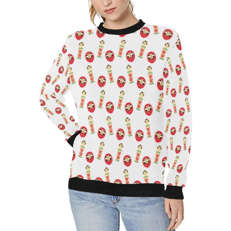 Daruma japanese wooden doll Women's Crew Neck Sweatshirt Hoodie with Front Slit Layering Stylish