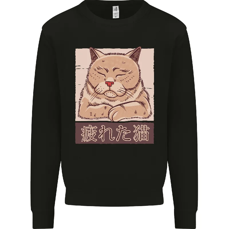 A Tired Cat Mens Sweatshirt Jumper Hoodie with Hem Elastic Stretchable Comfortable