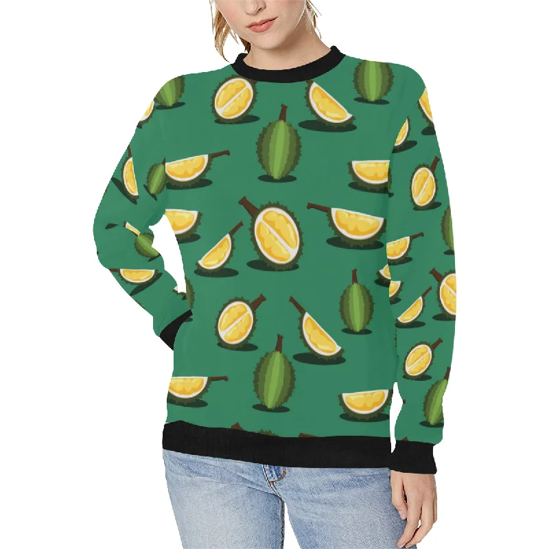 Durian pattern green background Women's Crew Neck Sweatshirt Hoodie with Hem Embroidery Detailed Premium