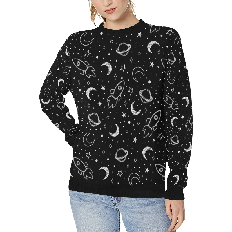 Hand drawn space rocket star planet Women's Crew Neck Sweatshirt Hoodie with Exposed Zipper Edgy Industrial