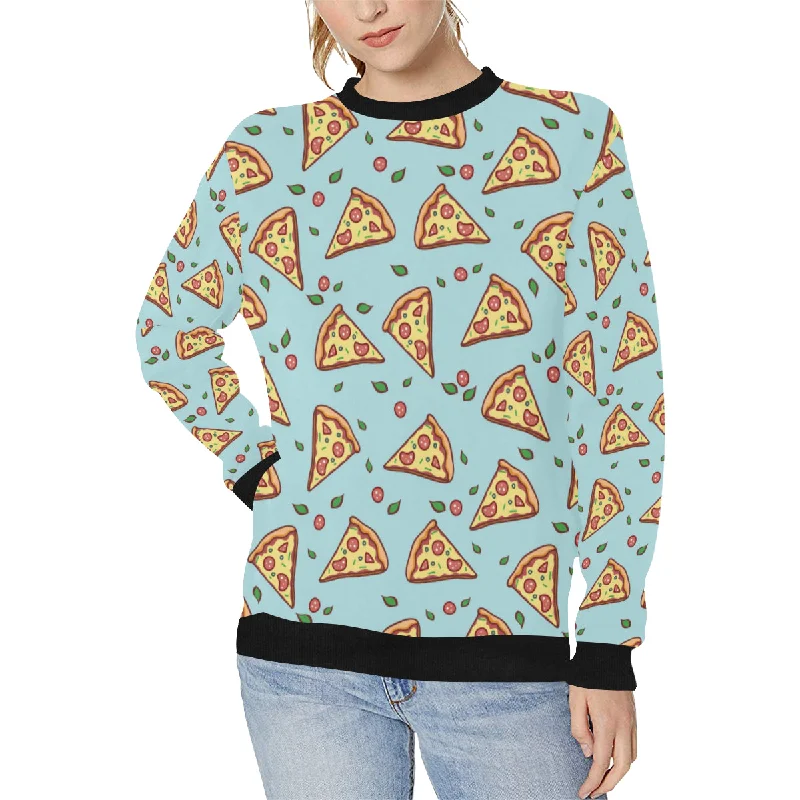 Hand drawn pizza blue background Women's Crew Neck Sweatshirt Hoodie with Back Slit Movement Comfort