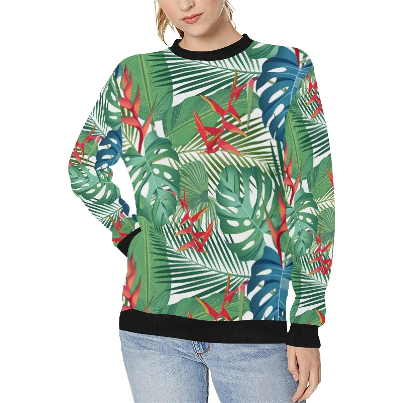 heliconia palm and monstera  leaves pattern Women's Crew Neck Sweatshirt Hoodie with Hem Embroidery Detailed Premium