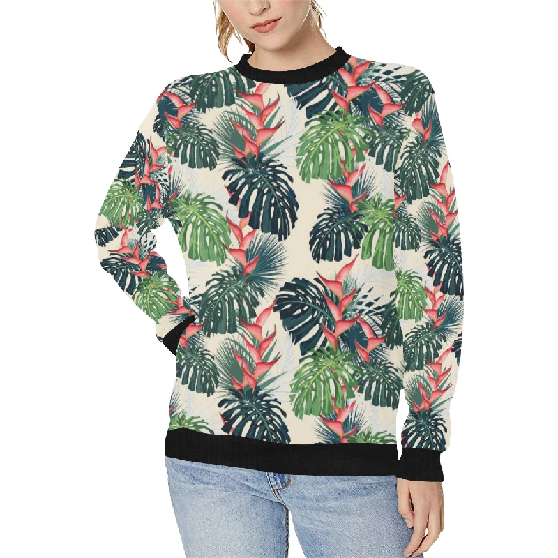 heliconia flowers, palm and monstera leaves Women's Crew Neck Sweatshirt Hoodie with Hem Frayed Vintage Worn