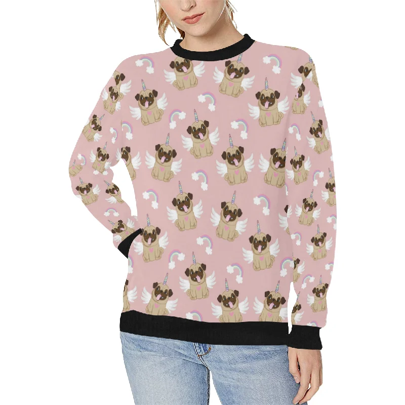 Cute unicorn pug pattern Women's Crew Neck Sweatshirt Hoodie with Hem Drawcord Adjustable Customizable