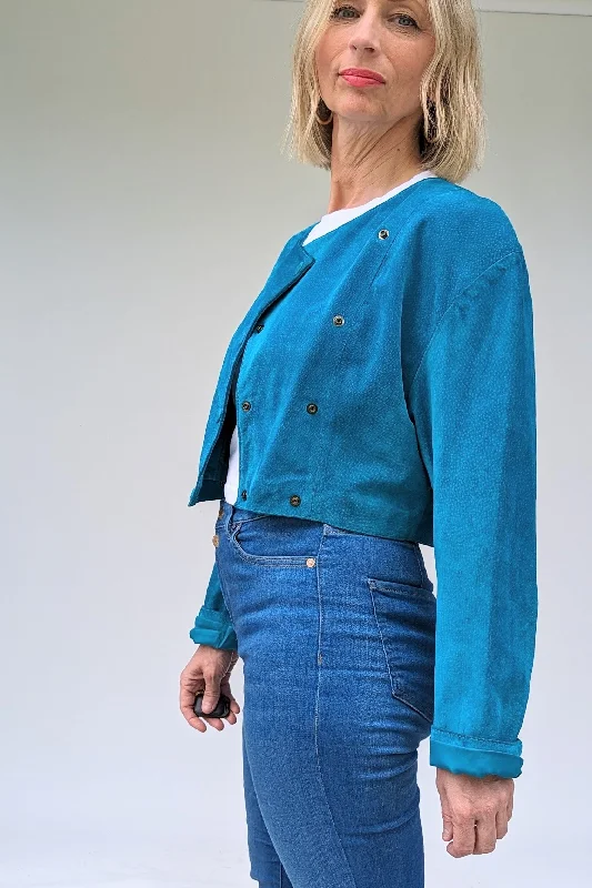 1980's Turquoise Cropped Suede Jacket Zippered Front Buttoned Front Snap Front