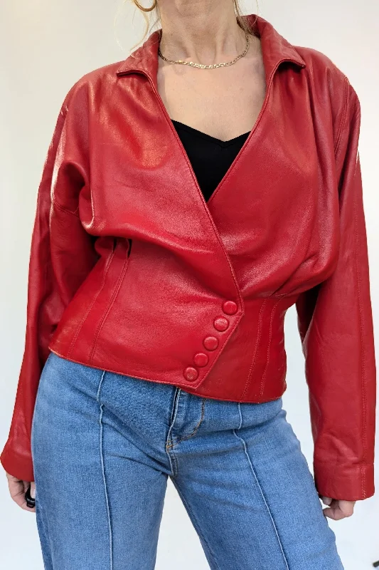 80s Red Leather Jacket Tiered Jacket Buttoned Jacket Zippered Jacket