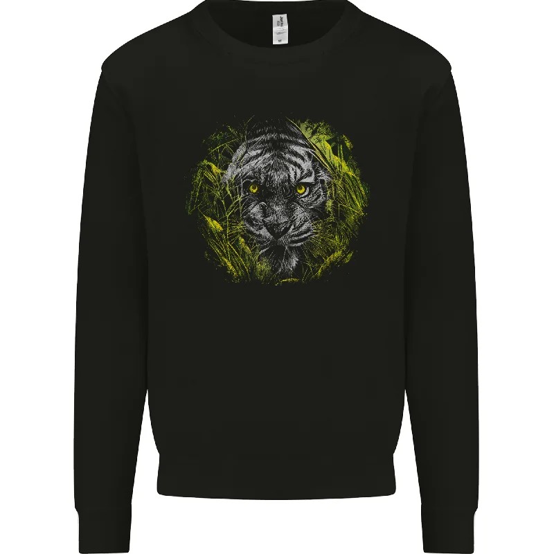 A Tiger in the Grass Mens Sweatshirt Jumper Hoodie with Cropped Fit Short Trendy