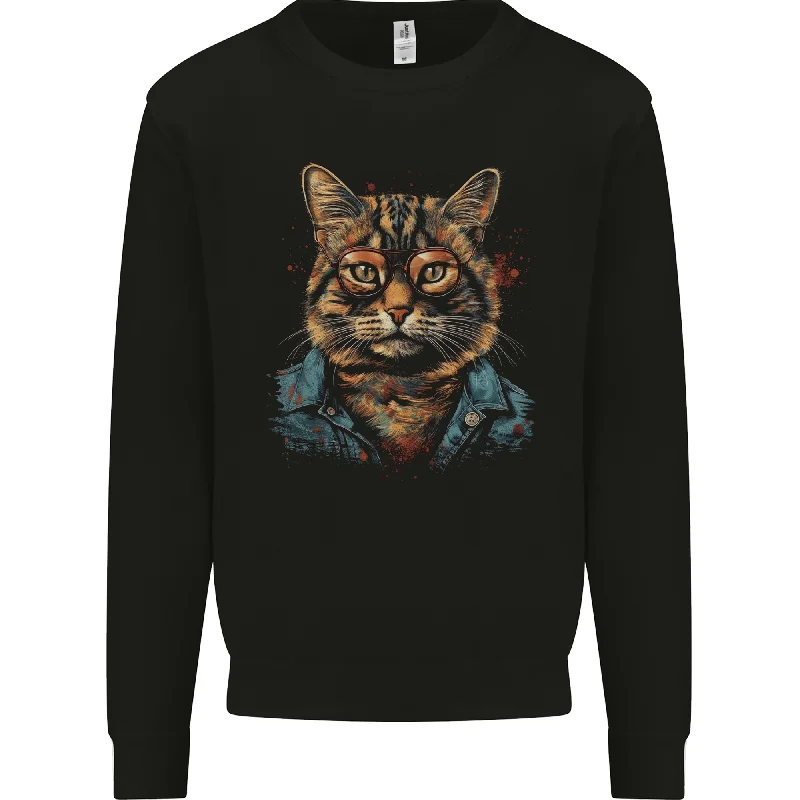 A Streetwise Cat With Glasses Mens Sweatshirt Jumper Hoodie with Snap Buttons Easy Quick