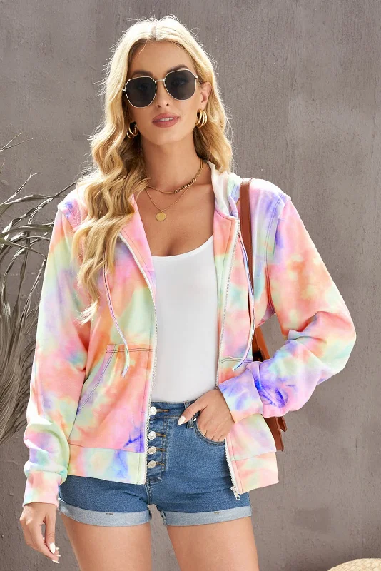 Tie-Dye Drawstring Detail Zip Up Hooded Jacket Welt Pockets Slit Pockets Flap Pockets