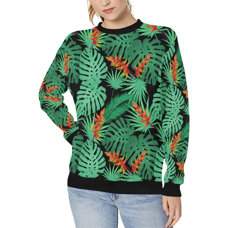 heliconia flower palm monstera leaves black backgr Women's Crew Neck Sweatshirt Hoodie with Ribbed Cuffs Snug Fit Comfort