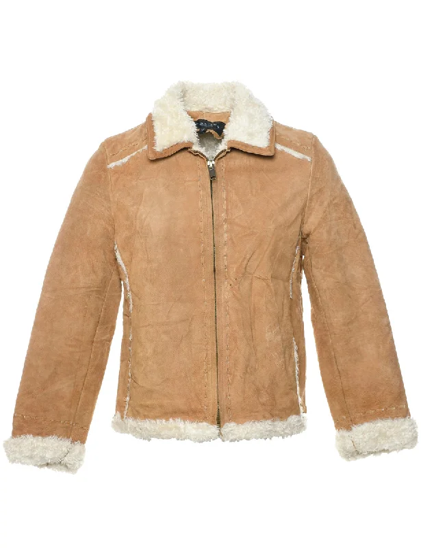 Light Brown Faux Shearling Suede Jacket - M Boat Neck Shawl Collar Notched Collar