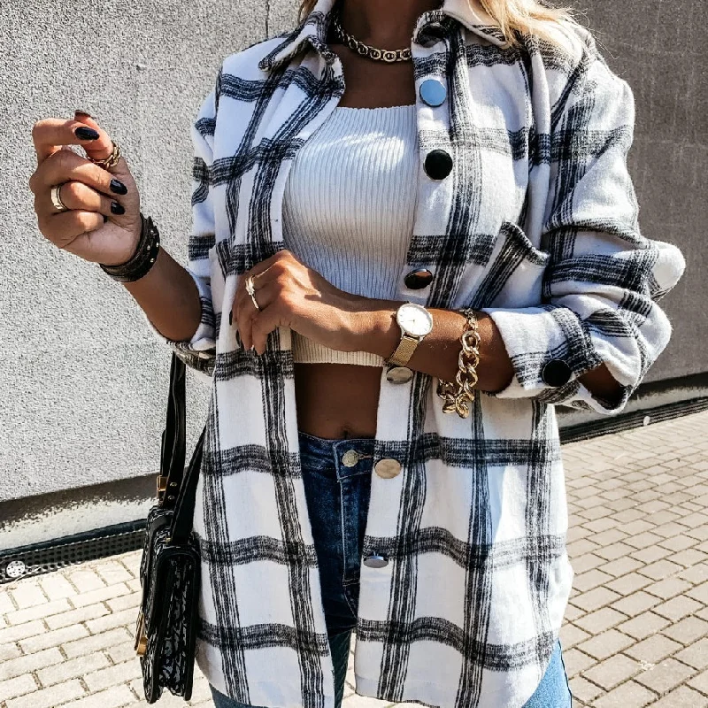 2022 Fashion Autumn Plaid Full Sleeves Casual Jacket Plus Size Medium Long Loose Coat Breasted Button Design Women Clothing Chenille Fabric Brocade Fabric Lace Fabric