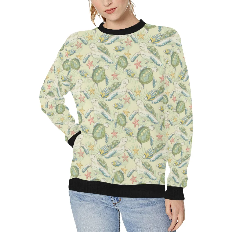 Hand drawn sea turtle fish pattern Women's Crew Neck Sweatshirt Hoodie with Hem Raw Edge Edgy Unfinished