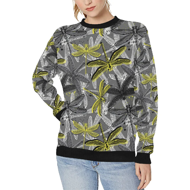 Hand drawn dragonfly pattern Women's Crew Neck Sweatshirt Hoodie with Monochrome Minimalist Simple