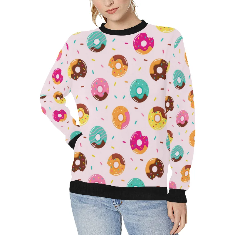 Donut pattern glaze pink background Women's Crew Neck Sweatshirt Hoodie with Distressed Vintage Worn