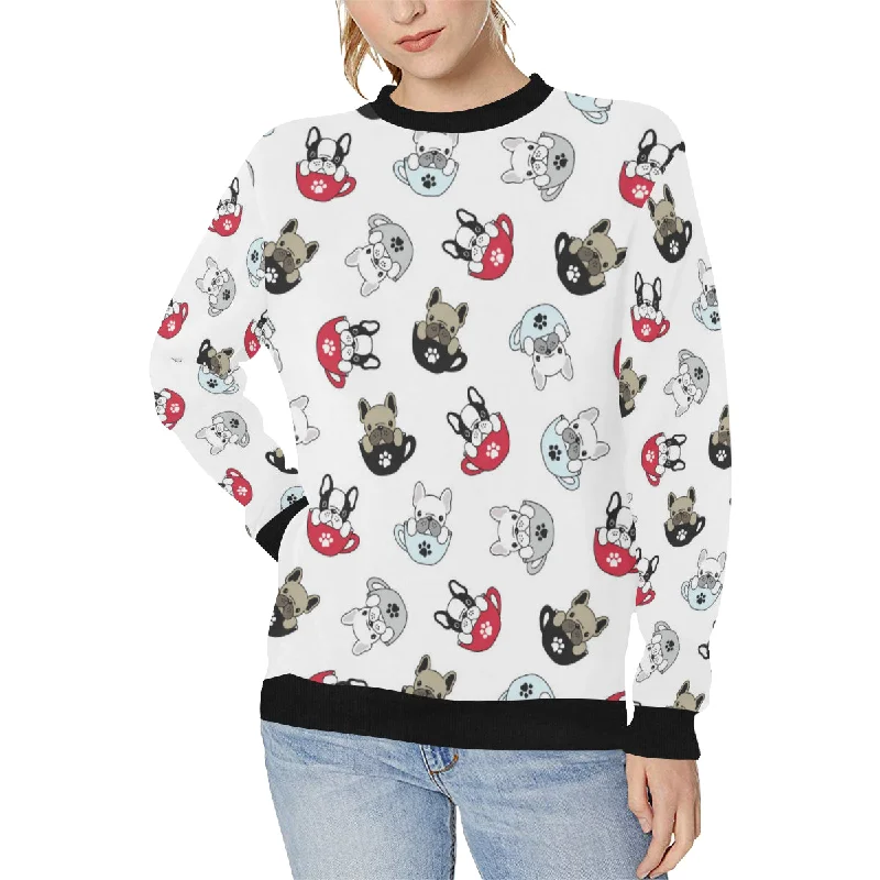 French bulldog cup paw pattern Women's Crew Neck Sweatshirt Hoodie with Typography Text Message